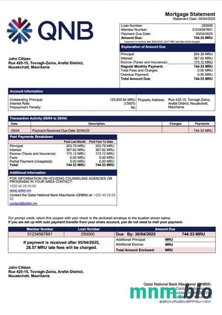 Mauretania Qatar National Bank Mauritanie (QNBM) wyciąg z kredytu hipotecznego szablon Word i PDF